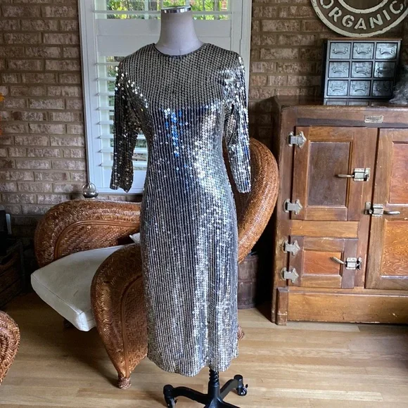 vintage oleg cassini sequin dress Stunning Vintage Oleg Cassini All Over Black + Gold Sequin Silk Dress at 1stDibs
